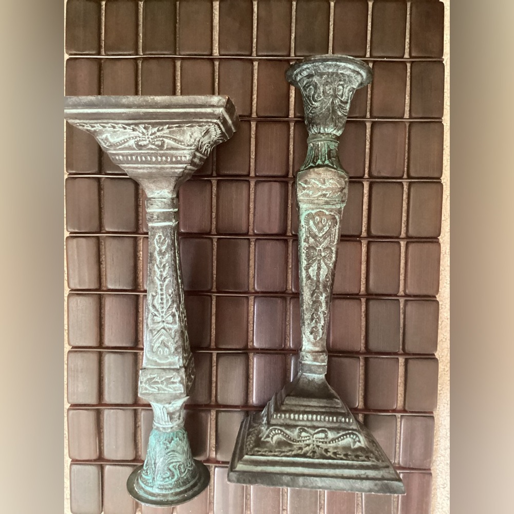 12” Candlesticks metal green patina EUC - Picture 2 of 3